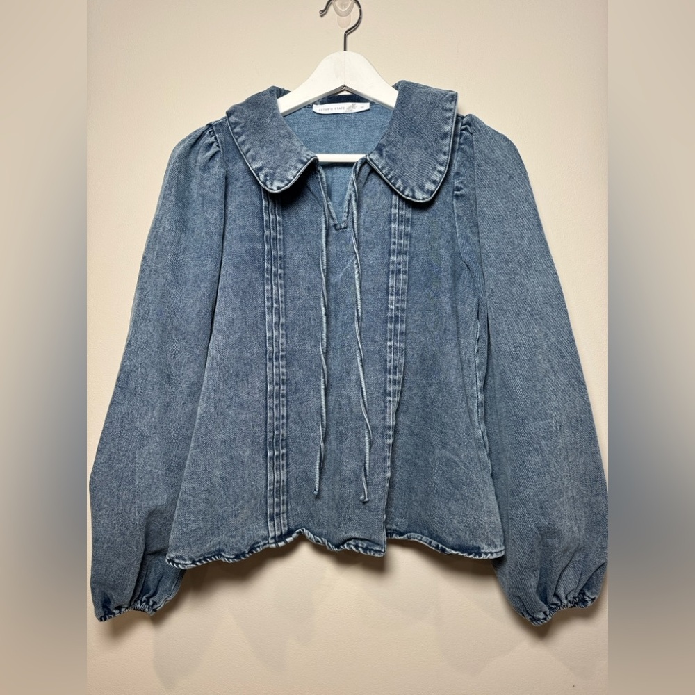 Alter'd State Denim Puff Sleeve Blouse Peter Pan Collar Size Small - Picture 3 of 8